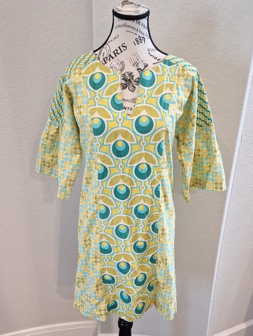 Uncle Frank 1960s Mod Floral Retro Print Shift Tunic Dress Blue & Green As Is XS